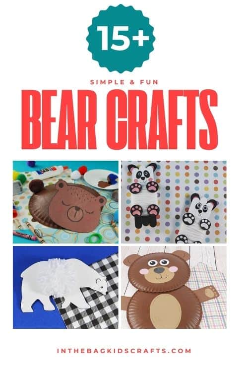 A colorful collage of creative bear crafts featuring paper plates, yarn, and other materials, perfect for forest animal crafts and fun crafts for kids.