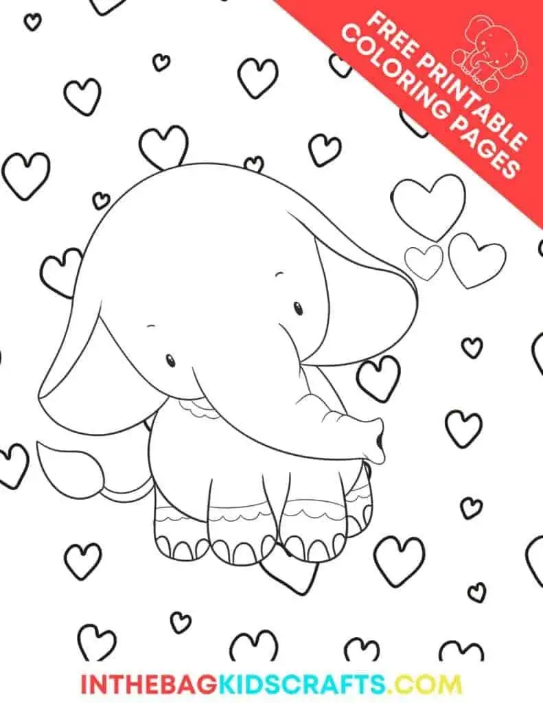 Elephant coloring page with illustration of elephant in shirt with hearts surrounding. 