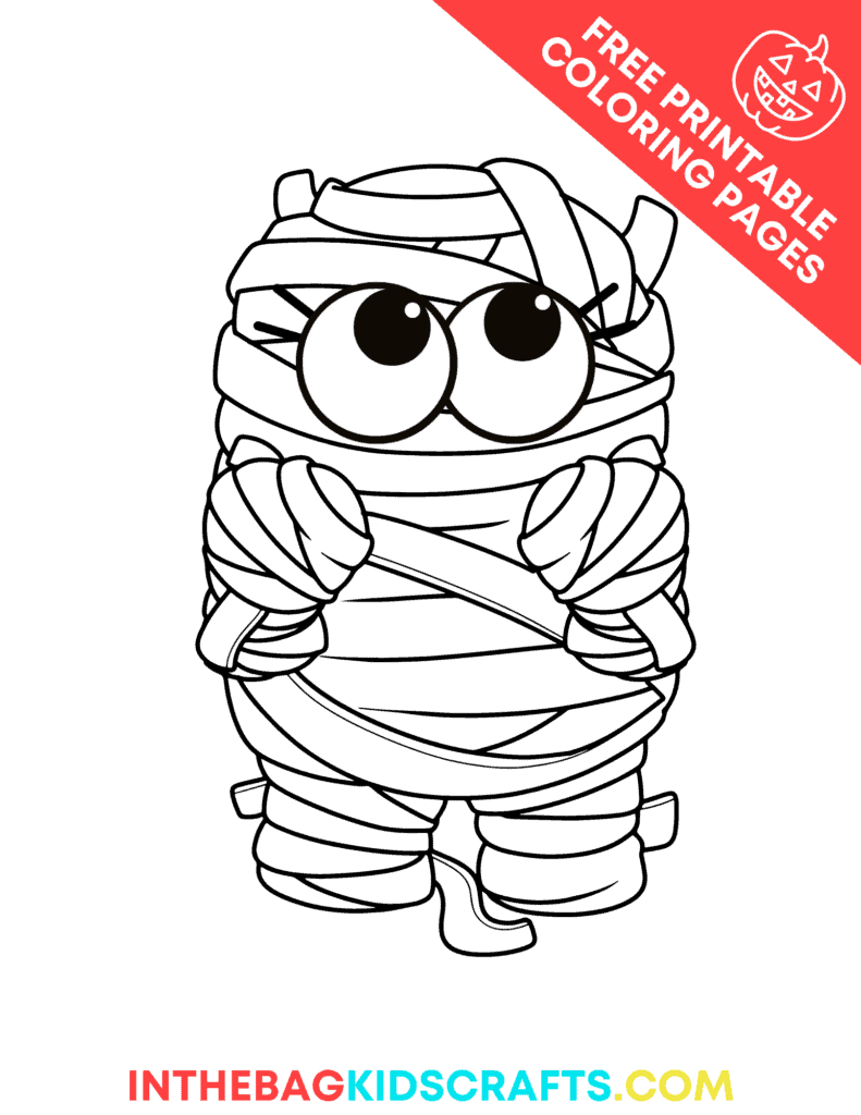 An image showing Halloween craft-themed, free printable coloring pages designed as a fun preschool craft and fine motor activity. Mummy halloween coloring page