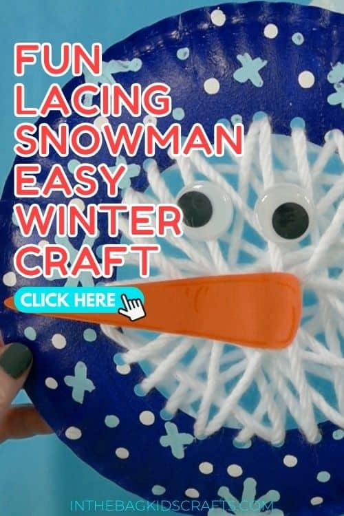 A colorful yarn snowman craft for kids featuring a blue paper plate decorated with white yarn lacing, snowflakes, googly eyes, and an orange carrot nose, perfect as a fun winter craft activity.