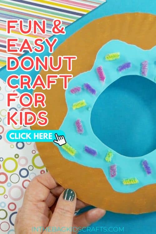 A colorful donut craft for kids made from a paper plate craft, decorated with blue "frosting" and pipe cleaner sprinkles, creating a fun and easy food craft activity.
