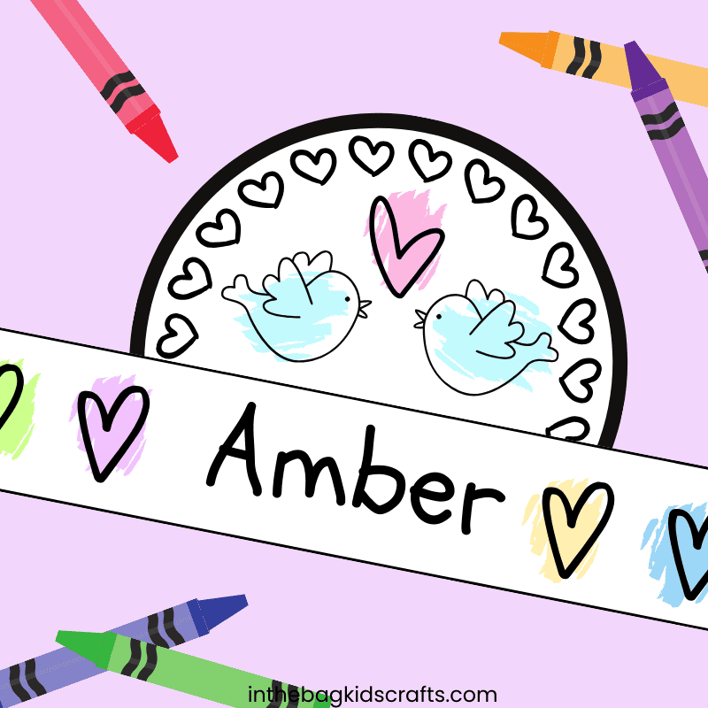 A colorful free printable hat decorated with hearts and birds, perfect for a Valentine's Day craft and fun Valentine's Day activity for kids.