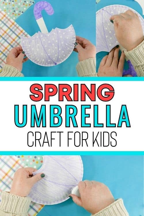 Child holding a handmade purple paper plate umbrella craft with polka dots, designed as a fun Spring craft and pouch project.