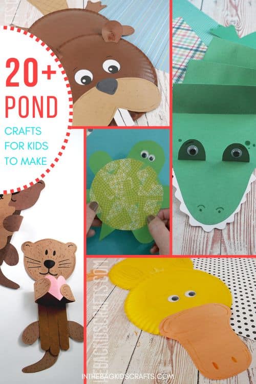 A vibrant collage featuring various pond-themed projects, including duck crafts, turtle crafts, frog crafts, and fish crafts, ideal for easy crafts for kids.