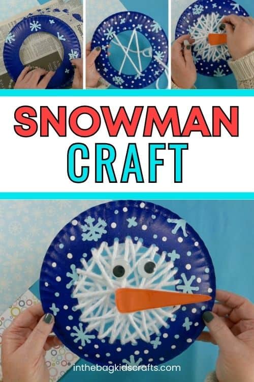 A colorful yarn snowman craft for kids featuring a blue paper plate decorated with white yarn lacing, snowflakes, googly eyes, and an orange carrot nose, perfect as a fun winter craft activity.