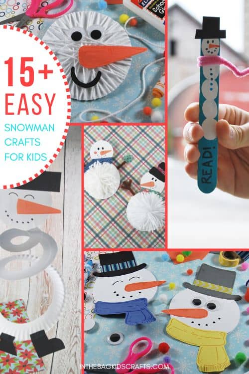 A colorful collage featuring various easy snowman crafts for kids made from materials like paper plates, yarn, and craft sticks, perfect for engaging winter crafts.