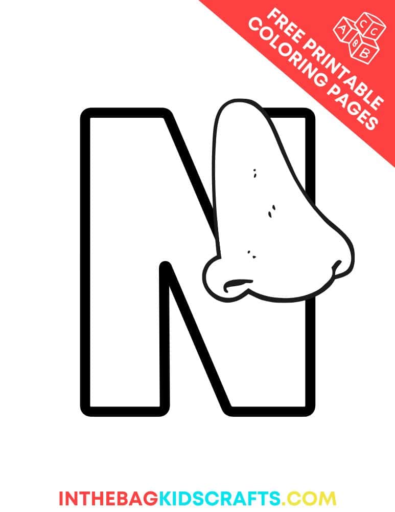 coloring page featuring letter N and a nose on the letter 