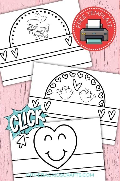 A colorful free printable hat decorated with hearts and birds, perfect for a Valentine's Day craft and fun Valentine's Day activity for kids.