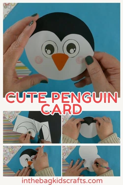 A colorful penguin craft setup featuring two round penguin cards made from a free printable, surrounded by craft supplies like scissors, glue, markers, and pom-poms on patterned paper.