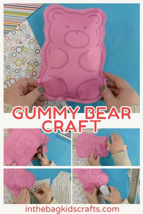 A pink candy gummy bear craft made from paper, stitched around the edges, displayed on a blue background with patterned scrapbook paper, making it a fun paper craft for kids.