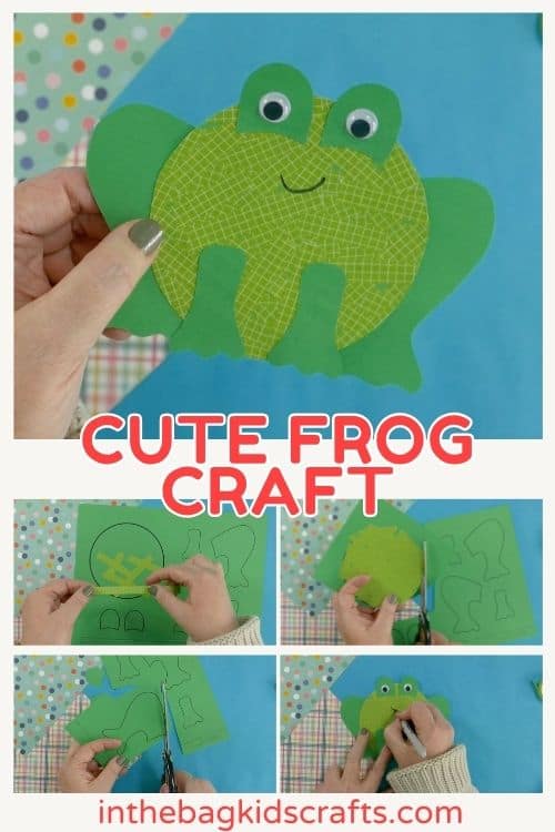 A preschool frog craft made from green paper with googly eyes, held by a hand against a colorful background, designed as a fine motor activity for young kids.