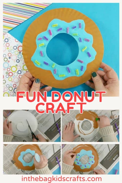 A colorful donut craft for kids made from a paper plate craft, decorated with blue "frosting" and pipe cleaner sprinkles, creating a fun and easy food craft activity.