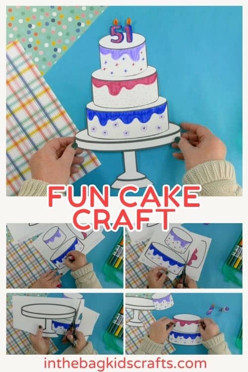 A colorful paper craft of a three-tiered birthday cake craft, decorated with markers and placed on a stand, made using a free printable for kids.