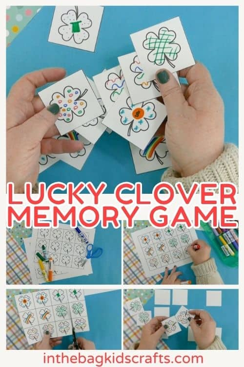 A pair of hands cutting out decorated clover cards from a free printable sheet, creating a fun memory game as a St. Patrick's Day activity for kids.