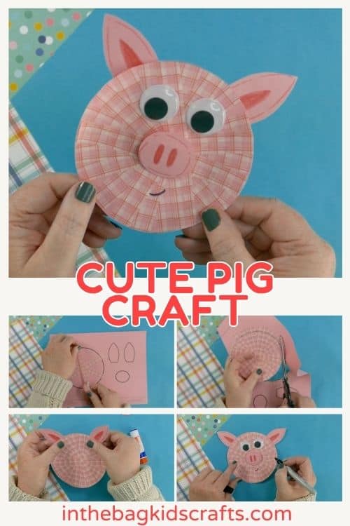 A pair of hands holds a completed pig craft, made from cut-out paper pieces, as part of a preschool craft and fine motor activity against a colorful background.