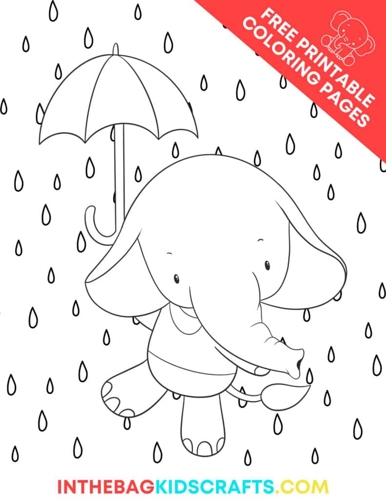 elephant coloring page with rain and umbrella 