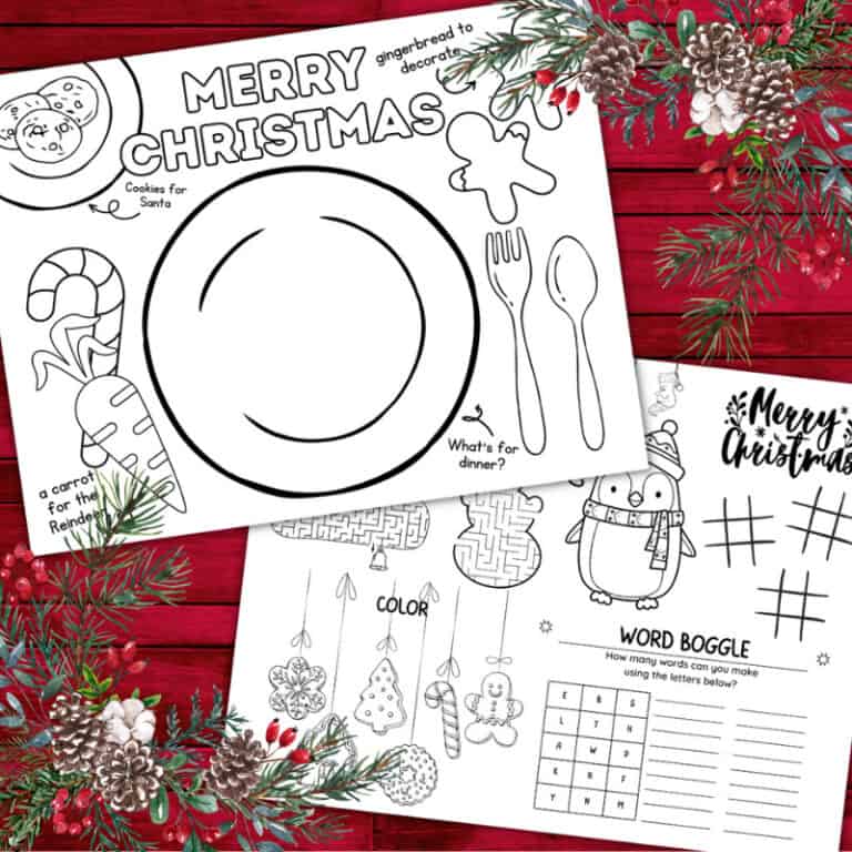 An engaging free printable Christmas placemat featuring fun games and activities, perfect as an easy craft for kids, a festive preschool craft, and a holiday-themed Christmas activity.