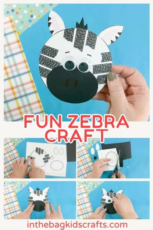 A person holding a completed preschool zebra craft, a fun fine motor activity featuring a round paper zebra face with black stripes, googly eyes, and a blue background.