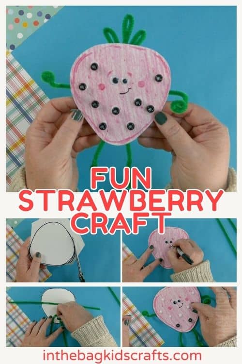 A fun and easy strawberry craft made with pink coloring, green pipe cleaners, and black beads, perfect as a spring craft for kids.