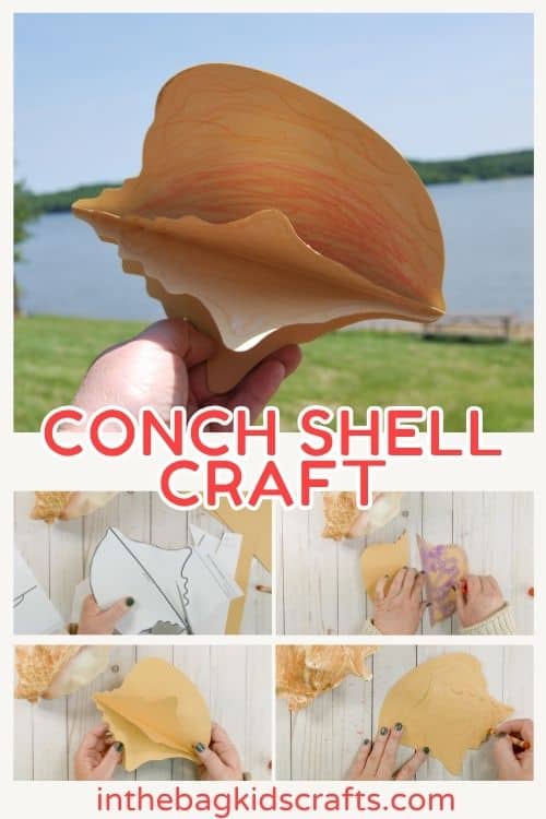 Two hands holding a three-dimensional paper conch shell colored in warm tones, representing a creative conch shell craft and beach craft for kids.