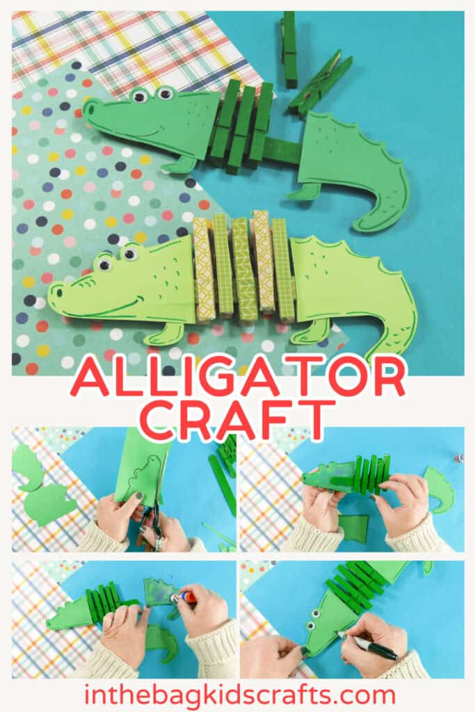 Two green paper alligators made with painted clothespins and cardstock are displayed on colorful patterned backgrounds, showing a playful and creative alligator craft for kids.