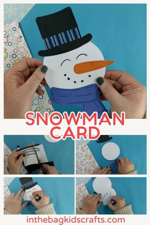 A cheerful handmade snowman card featuring a carrot nose, black hat, and blue scarf, perfect as a winter craft, Christmas craft, or holiday card idea for kids.