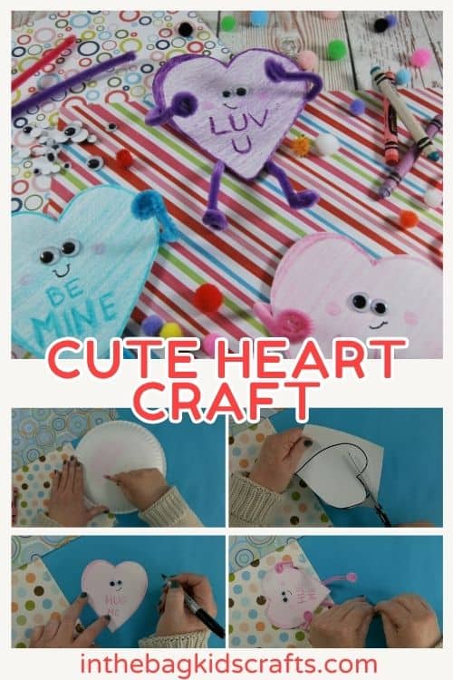 A colorful Valentine craft featuring a heart craft made with googly eyes, pipe cleaners, and pom-poms on a striped background, showcasing an easy craft for kids and a fun paper plate craft idea.