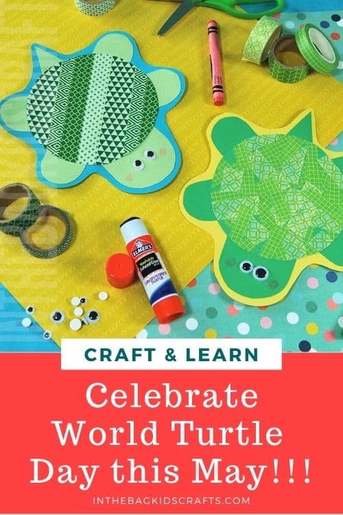 Colorful turtle crafts made with green and patterned washi tape, glue, and craft materials, perfect as a fine motor activity for preschoolers.