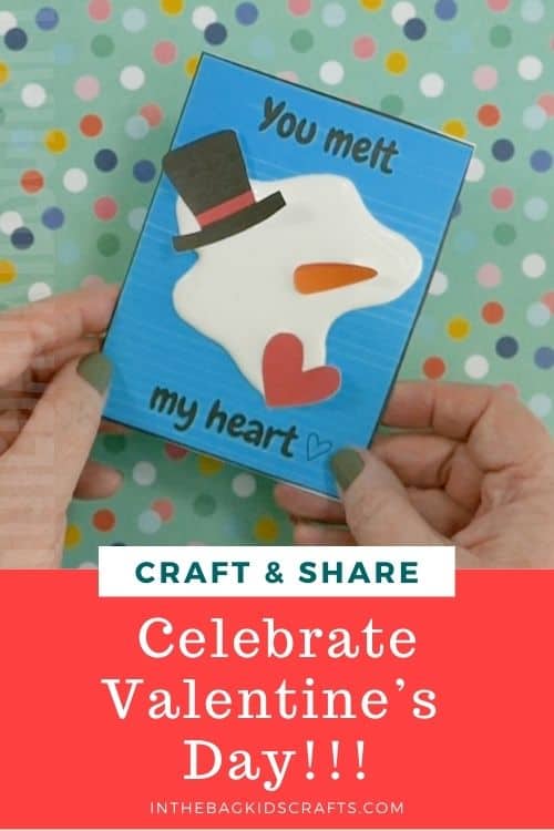 A handmade valentine card featuring a melted snowman design, perfect for a heartfelt Valentine's Day craft that kids and adults will love making.