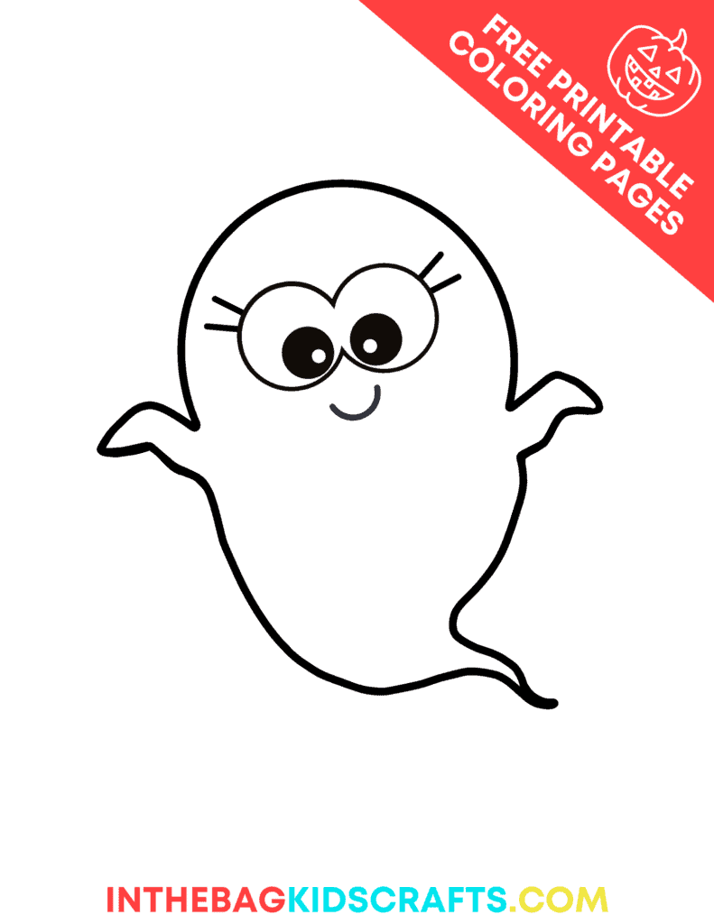 An image showing Halloween craft-themed, free printable coloring pages designed as a fun preschool craft and fine motor activity.  Ghost coloring page