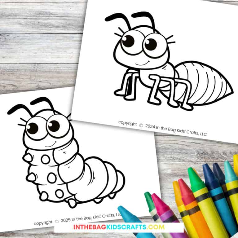 Two black and white bug coloring pages featuring a smiling ant and caterpillar, perfect for a fun insect craft activity for kids.