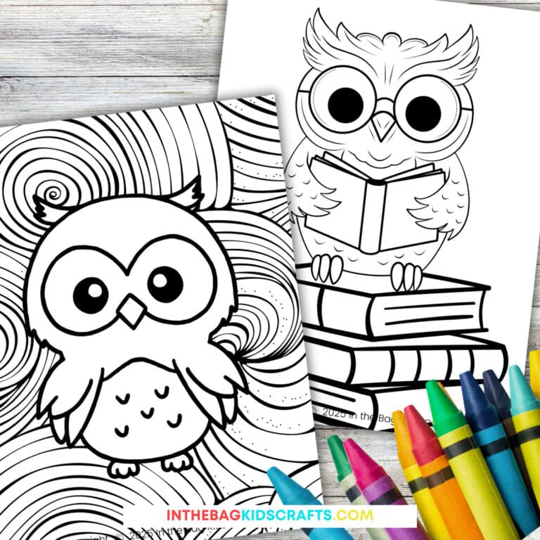 A collection of free owl-themed coloring pages on a blue background, ideal for an owl craft and a fine motor activity for kids.