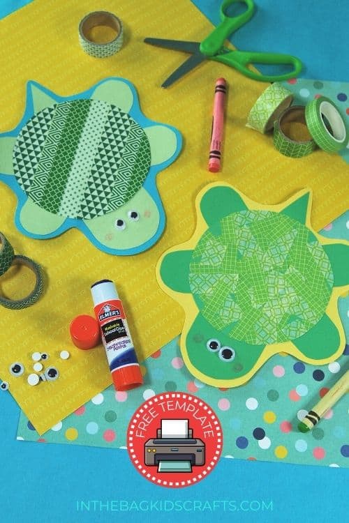 Colorful turtle crafts made with green and patterned washi tape, glue, and craft materials, perfect as a fine motor activity for preschoolers.