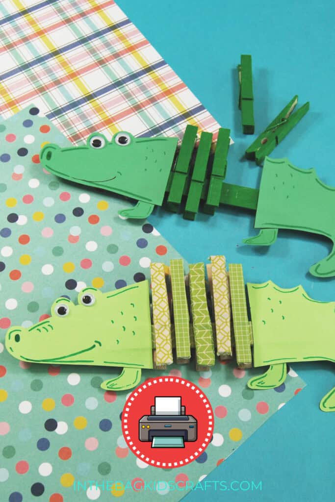 Two green paper alligators made with painted clothespins and cardstock are displayed on colorful patterned backgrounds, showing a playful and creative alligator craft for kids.