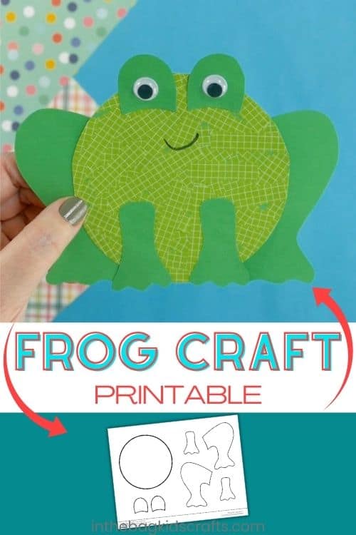 A preschool frog craft made from green paper with googly eyes, held by a hand against a colorful background, designed as a fine motor activity for young kids.