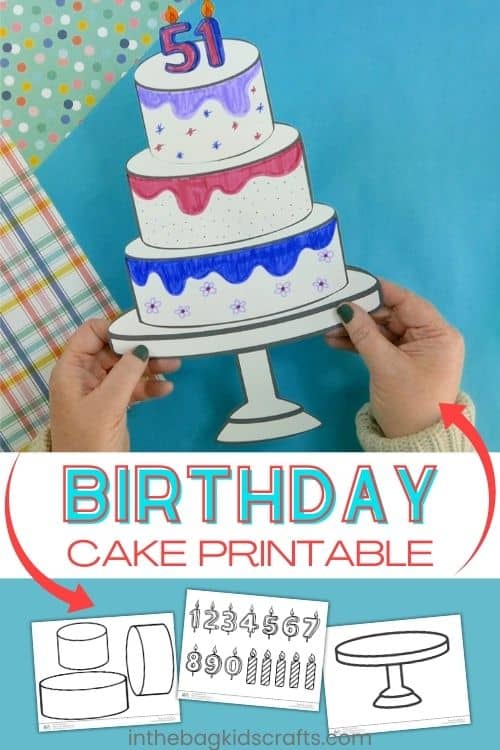A colorful paper craft of a three-tiered birthday cake craft, decorated with markers and placed on a stand, made using a free printable for kids.