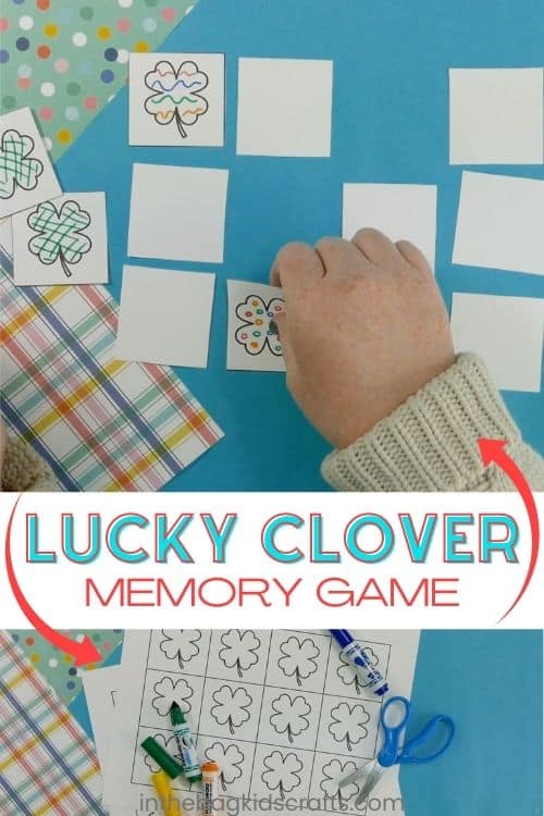 A pair of hands cutting out decorated clover cards from a free printable sheet, creating a fun memory game as a St. Patrick's Day activity for kids.