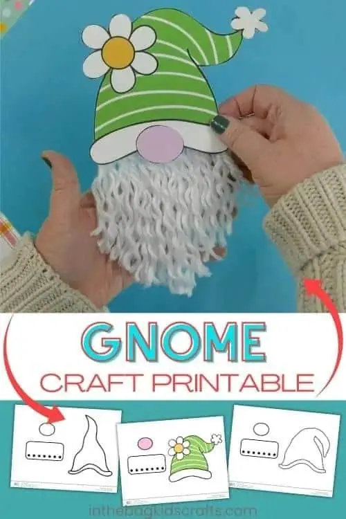 A pair of hands holding a completed gnome craft, featuring a green striped hat with a flower and a textured yarn beard, making it a fun and easy craft for kids.