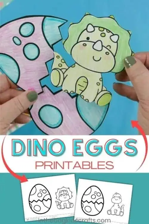 A colorful dinosaur egg craft featuring a baby triceratops hatching from a decorated egg, perfect as a free printable craft for kids to enjoy.