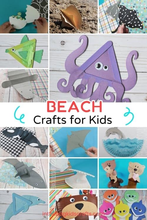Collage of colorful beach crafts made from paper, clothespins, and other simple materials, perfect for kids’ summer activities and beach crafts projects.