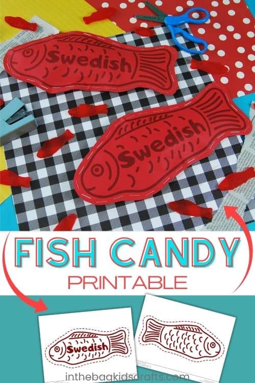 A colorful candy craft featuring a Swedish Fish paper craft for kids, with red fish-shaped cutouts, real gummy candies, craft supplies, and decorative backgrounds.