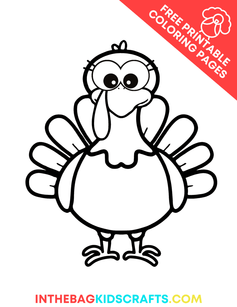 A set of free coloring pages featuring Thanksgiving-themed designs, ideal as a preschool craft for kids to enjoy and practice fine motor activity skills. Thanksgiving turkey coloring page image.