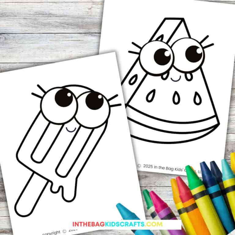 Summer coloring pages watermelon and popsicle with eyes.