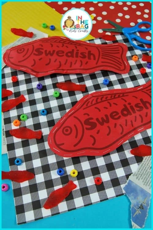 A colorful candy craft featuring a Swedish Fish paper craft for kids, with red fish-shaped cutouts, real gummy candies, craft supplies, and decorative backgrounds.