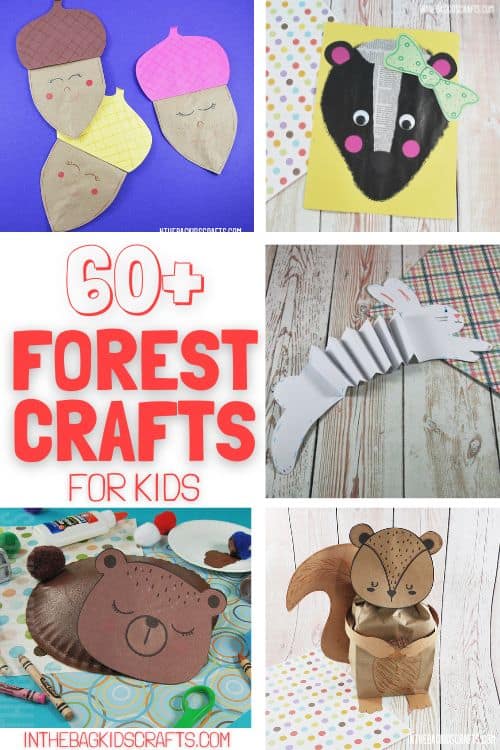 Collage of colorful paper animals and nature-themed projects designed as forest crafts for kids.