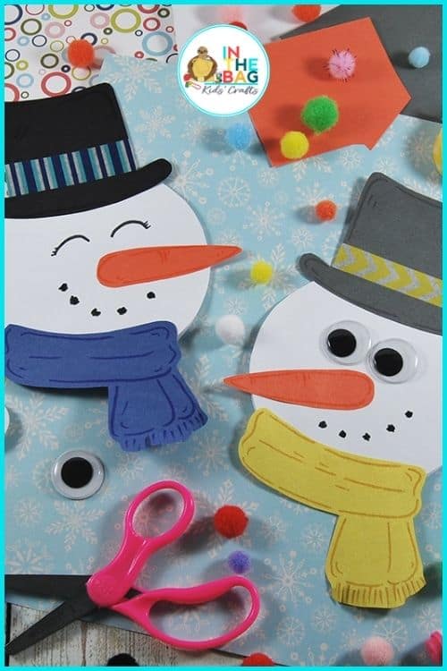 A cheerful handmade snowman card featuring a carrot nose, black hat, and blue scarf, perfect as a winter craft, Christmas craft, or holiday card idea for kids.