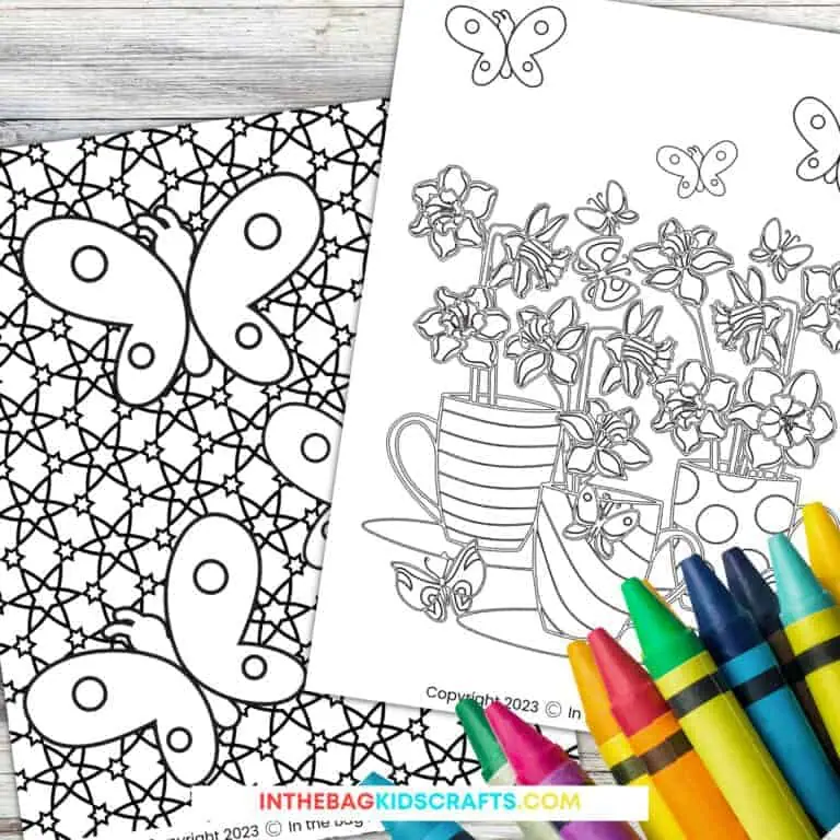 A set of free printable spring coloring pages for kids, featuring butterflies, flowers in teacups, and intricate patterns, with colorful crayons placed on the side.