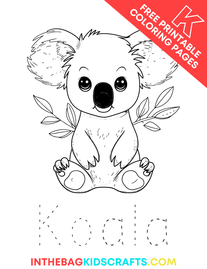 K is for koala coloring page 
