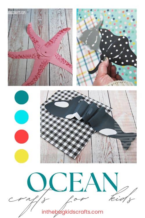 A colorful collage displays various handmade sea animals and ocean-themed paper projects, showcasing fun and easy ocean crafts for kids.