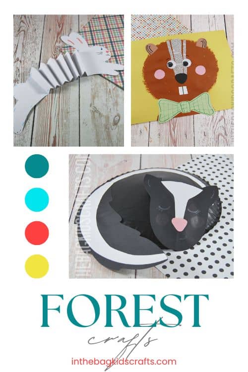 Collage of colorful paper animals and nature-themed projects designed as forest crafts for kids.